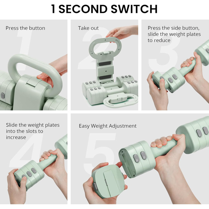 Набір гантелей 2-в-1: регульовані гантелі та м'ячики-гантелі, 4 ступені зміни ваги (1-2.5 кг), для жінок, домашні тренування, з антиковзаючим кріпленням. Зелений колір.