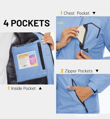 Зимова куртка KEFITEVD для жінок, тепла з підкладкою фліс, перехідна куртка, товста сноубордична куртка з капюшоном та кишенями на блискавці, вітронепроникна, світло-блакитна