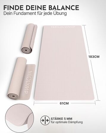 Килимок для йоги NEOLYMP - неслизький, для захисту суглобів - 183x61 см - PVC - для йоги, пілатесу - з E-book та відео-управами (Taupe)