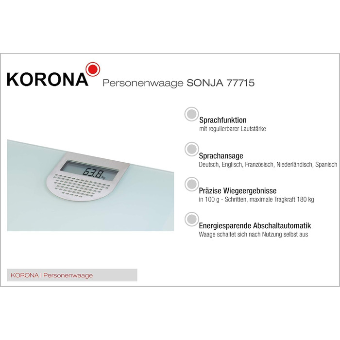 Електронна скляна вага Korona Sonja з голосовим озвученням, цифрова професійна вага для зважування тіла