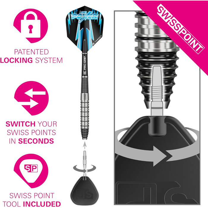 Дарти сталеві Target Darts Phil Taylor Power 8-Zero (80% вольфрам, 22/24/26г) + Swiss Point наконечники, Pro Grip шафти, No.6 пір'я