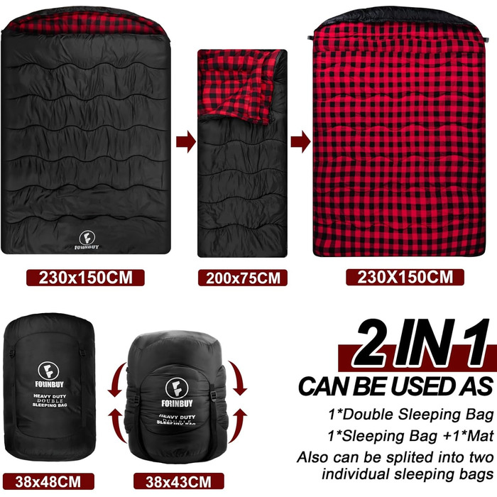 Спальний мішок Baumwolle для двох дорослих, зимовий, водонепроникний, теплий, розмір Queen, для кемпінгу та подорожей на автодомі, чорно-червоний