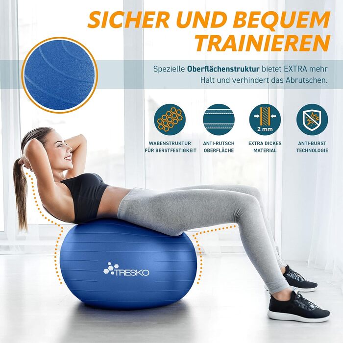 Гімнастичний м'яч TRESKO, 65 см, BPA-free, з насосом, для фітнесу, йоги, вагітних, пілатесу, 300 кг, антивибуховий
