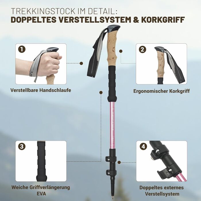 Жінські та чоловічі палиці для скандинавської ходьби 2 шт. Телескопічні, складні палиці для трекінгу з алюмінію з гумовими амортизаторами (Рожеві)