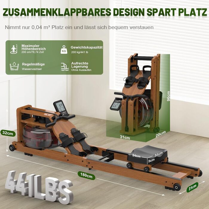 Гребний тренажер Kitopa RW719-50 з водою, для дому, з Bluetooth, Kinomap (30 днів)