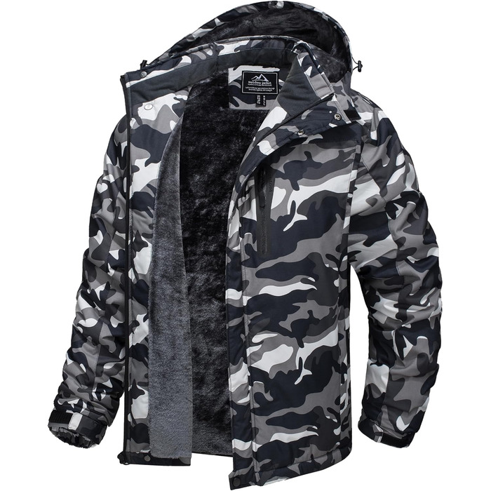 TACVASEN Куртка зимова чоловіча водонепроникна тепла, флісова підкладка, софтшелл, дихаюча, функціональна з відстібною капюшоном (3XL, Чорний камуфляж)