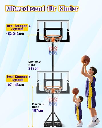 Баскетбольний кошик для вулиці дитячий, 107-213 см, зі стійкою та колесами, регульована висота, ударостійка PC-стінка, сірий. Подарунок для дітей