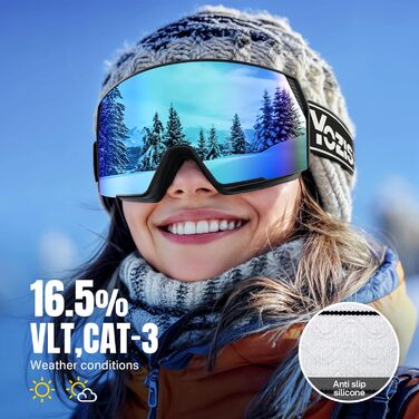 Скі-маска OTG для носіння з окулярами, Магнітна скі-маска для сноуборду з антизапітніюючим покриттям та 100% захистом від УФ-променів, скі-маска для чоловіків та жінок для катання на лижах та зимових видів спорту, блакитне скло