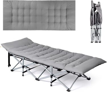 Розкладне ліжко Bonnlo для кемпінгу з матрацом – ліжко для риболовлі, відпочинку на природі, у саду, на пляжі, 190×71x36 см, сірий