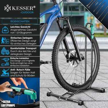 Підставка для велосипеда KESSER® для MTB, E-Bike, Citybike, шосе, з повітряним насосом | Рейс-стійка, для шини до 65мм | Чорний колір