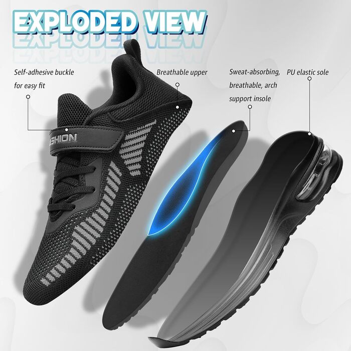 Дитячі кросівки ASHION для хлопчиків та дівчаток: м'які, гнучкі, стабільні, для фітнесу та занять у залі, розмір 35 EU, чорно-сірий