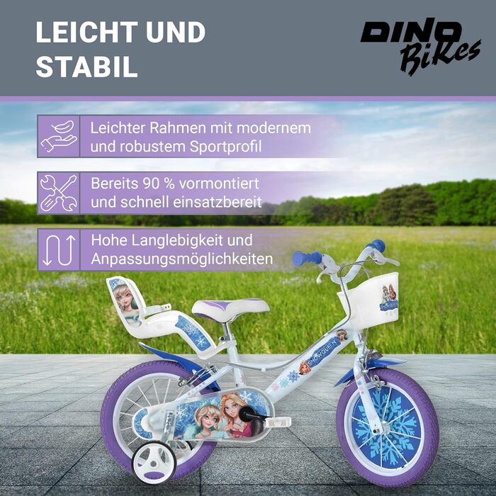 Дитячий велосипед Dino Bikes Холодне Серце для дівчаток, знімні додаткові колеса, кошик і тримач для ляльки, регульоване сидіння та кермо, біло-блакитний, від 2 років