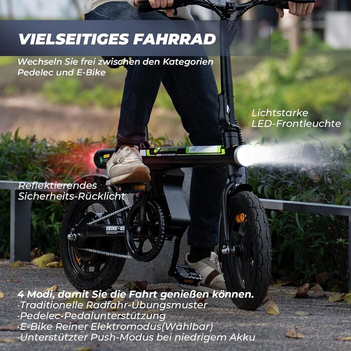 Складаний електровелосипед Finbike 14/16 дюймів, 250Вт, акумулятор 7.8Ah, швидка зарядка 3 год, 3 режими їзди, максимальна дальність 45 км, для дорослих і підлітків, чорний-зелений