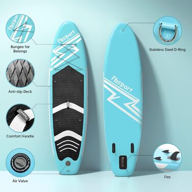 FBSPORT Стендап-борд (SUP) 11 футів Преміум, для йоги з аксесуарами та сумкою | Широка стійка, контроль на хвилях, неслизьке покриття, страховка, весло та насос для юніорів та дорослих (Eisblau)