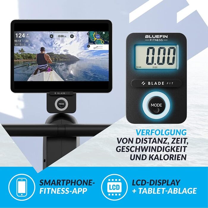 Bluefin Fitness Blade FIT: Гребний тренажер, сумісний з Kinomap, складаний, з LCD-консолью та мобільним додатком