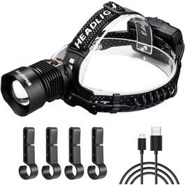 LED налобний ліхтар WholeFire XHP90 з 3 режимами, 15000 люменів, USB, водонепроникний, з регулюванням фокусу, потужний, для кемпінгу, бігу та іншого