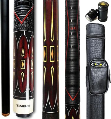 Більярдний кий TaiBa 2-частинний з ручкою з натуральної шкіри, канадський клен, 147.3 см, з муфтою, наконечник 13 мм, сталь, 19-21 oz, коричневий, винно-червоний, королівський синій