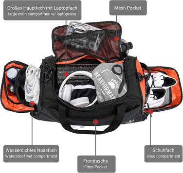 Спортивна сумка Bearformance Ultimate з рюкзаком, відділенням для взуття та вологих речей, для чоловіків і жінок, з переробленого PET, 42 л, чорна