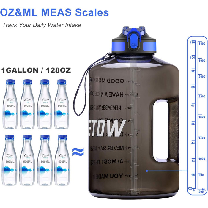 Спортивна пляшка для води 3,78 л з маркуванням часу та трубочкою, BPA Free, чорна