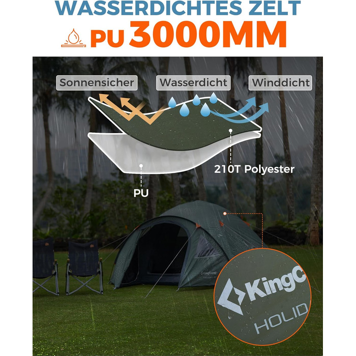 Намет KingCamp для кемпінгу на 4 особи: просторий, водонепроникний (PU3000mm), для трекінгу та відпочинку на природі (зелений)