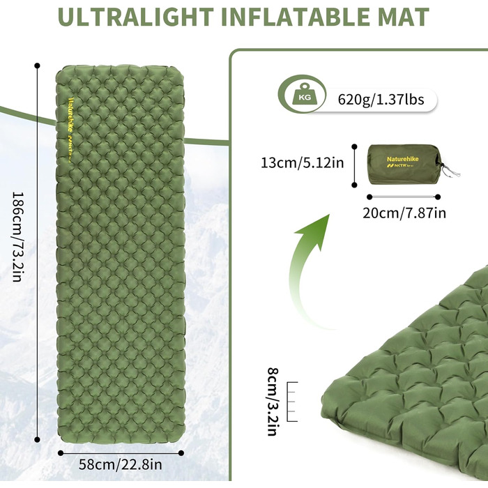 Naturehike IsoMatte Thermal Serie 4.6R - Килимок для кемпінгу Ultralight 4-сезонний (-15°C) Саморозгортання з надувною сумкою, ізольований, високий R-значення, для зими, прямокутний 186*58 см