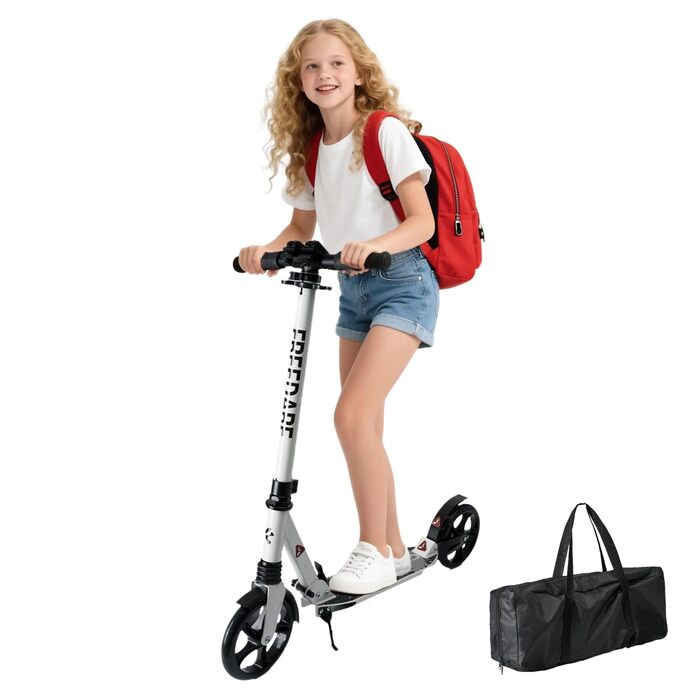 Міський роликовий самокат FREEDARE для дітей та дорослих. Складаний, з колесами 200 мм, регулювання висоти, до 100 кг, білий + сумка для транспортування
