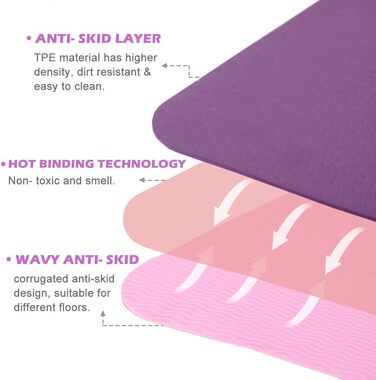 Килимок для йоги Marjar з неслизьким покриттям, фітнес-килимок для занять гімнастикою та йогою, TPE, з ручкою для перенесення, 183x61x0.6/0.8/1 см, фіолетовий & рожевий