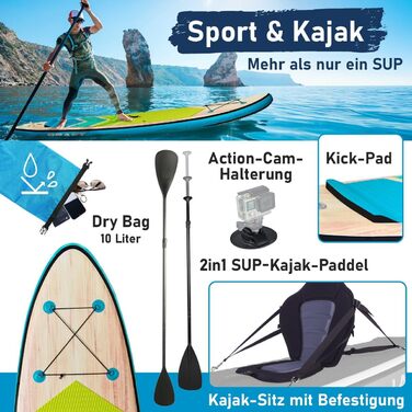 Надувний SUP-борд BRST Tropic | Комплект для станд-ап паддлбордингу | 320x81x15 см | 6 дизайнів | 5 років гарантії | з аксесуарами | 2в1: SUP та каяк, тримач для Action Cam, ланцюжок для ніг, насос, рюкзак (Турквіз)
