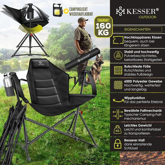 Крісло для кемпінгу KESSER® розкладне, гойдалка, до 160 кг | Рибальське крісло, з підсвічуванням та тримачем для напоїв | З м'яким сидінням та високою спинкою | Розслаблююче крісло для пляжу, хакі (чорний / чорний)