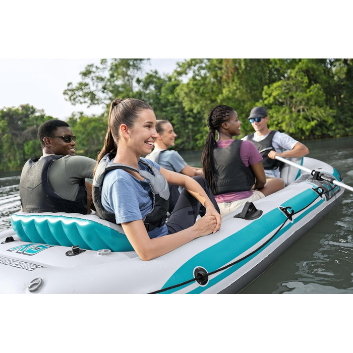 Надувний човен Bestway Hydro-Force Adventure Elite X5, 5-місний, з насосом, веслами, сидіннями, сумкою для спорядження, 364x166x45 см, бірюзово-сірий