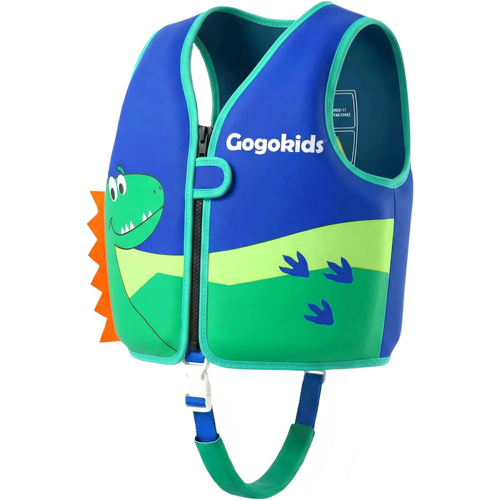 Дитячий жилет для плавання Gogokids 15-30 кг, для навчання плаванню, для малюків, неон, неопрен, регульований, 1-8 років (Зелений динозавр, L (5-8 років))