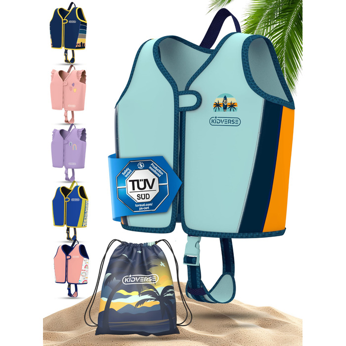Дитячий жилет для плавання KIDVERSE - Переможець тестувань & Перевірено TÜV, плавальна допомога для дітей від 2 років з регульованою плавучістю - Сертифіковано CE, з м'якого преміум-неопрену, блакитний, L