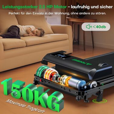 Walking Pad - біговий доріжки для дому з регулюванням нахилу до 9%, потужність 2.5HP, LED-дисплей, пульт дистанційного керування, 12 програм, подвійне амортизація, до 150 кг, чорно-зелений