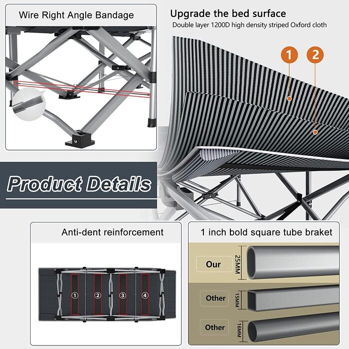 Складне туристичне ліжко ABORON для дорослих, двошарове, 1200D, портативне, міцне, для дому, офісу, кемпінгу, подорожей, з сумкою, сіре смугасте ліжко для дітей