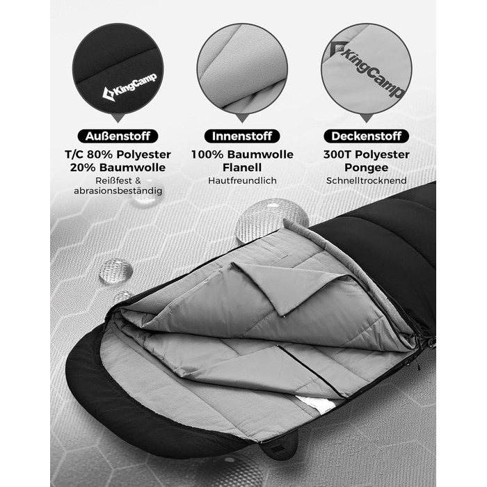 Сплячий мішок KingCamp для дорослих 3-в-1 з бавовняним флісовим підкладкою, зимовий, XXL, легкий, теплий, знімний ковдри, для туризму та відпочинку