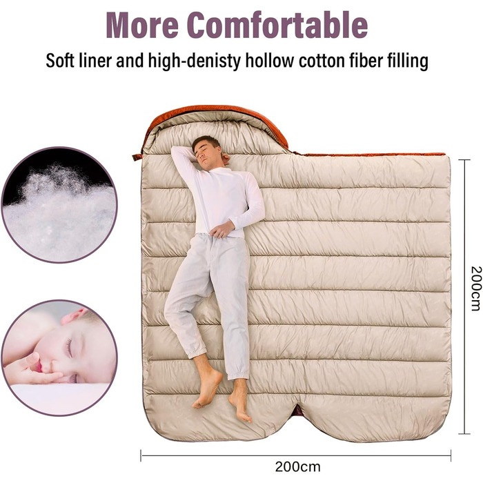 Спальний мішок BISINNA XXL для великих дорослих, 3-4 сезони, зимовий, теплий, для кемпінгу, оранжевий, 1.5 кг