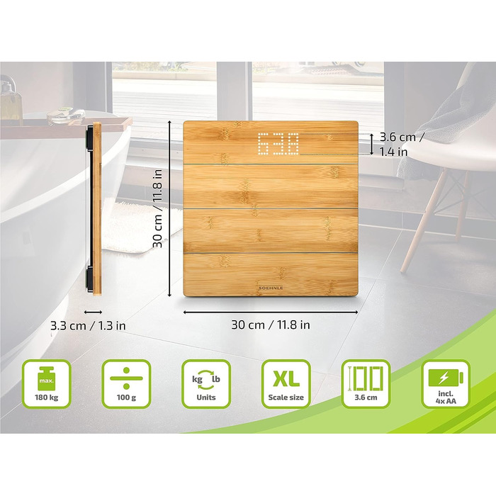 Електронна вага Soehnle Style Sense Bamboo Magic з натурального бамбука, LED-дисплей, прихований екран, до 180 кг, для тіла