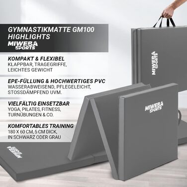 Гімнастичний мат Miweba Sports GM100, складаний, 180x60x5 см, протиковзкий, для фітнесу, йоги, спорту, сірий