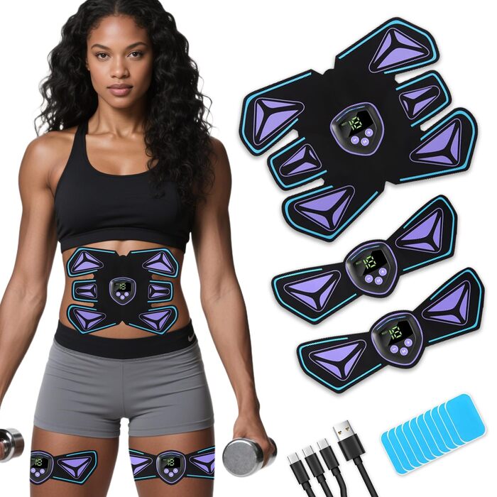 Електричний стимулятор м'язів пресу EMS, тренувальний пристрій з 10 гелевими електродами, 6 режимів та 15 рівнів інтенсивності, для пресу, рук та ніг