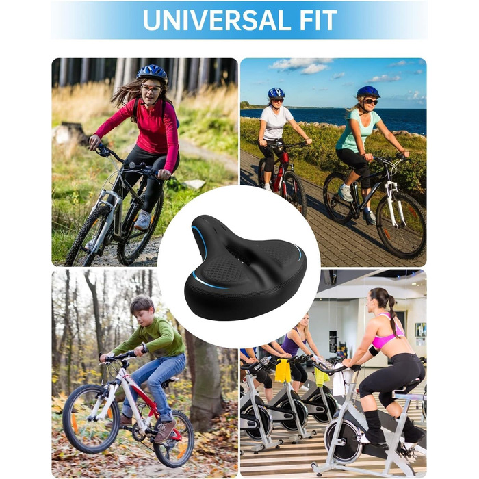 Широке велосипедне сідло з гелевою подушкою для жінок та чоловіків, комфортне, водонепроникне, дихаюче, з пам'яті ефекту, з інструментами для міських, шосейних, гірських велосипедів/фітнес-велотренажерів (Чорний/Синій)