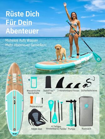 Надувне SUP-борд Niphean Stand Up Paddle Board з сидінням та аксесуарами, 320 см, для 2 осіб, 200 кг, StabilTrac-фін, Cool Mint Wood