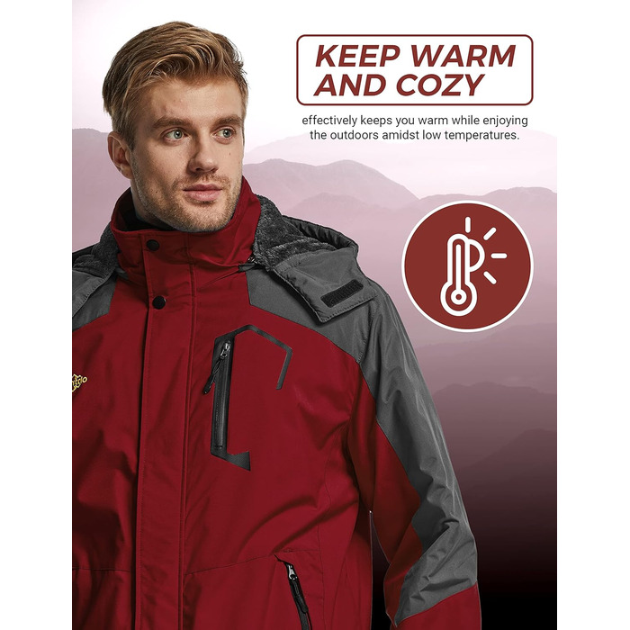 Чоловіча гірськолижна куртка Wantdo - тепла зимова флісова куртка, водонепроникна, дихаюча, з капюшоном, вітрозахисна. Розмір L.