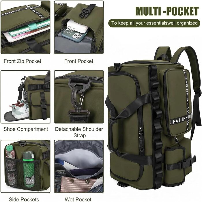 Спортивна сумка для подорожей та фітнесу 65Л з відділенням для взуття та вологих речей, велика дорожня сумка для жінок та чоловіків (армійний зелений)