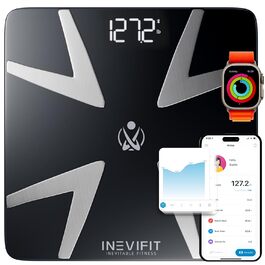 Розумна вага INEVIFIT для аналізу складу тіла, цифрова Bluetooth-вага для ванної кімнати, чорна, велика платформа 28x28 см, висока точність