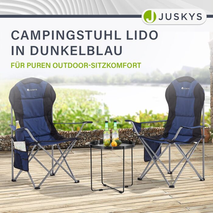 Крісло для кемпінгу Juskys Lido складне з підсклянником, кишенею та сумкою для перенесення - зручне крісло для відпочинку на природі з підлокітниками та спинкою - 4 кольори (синій)