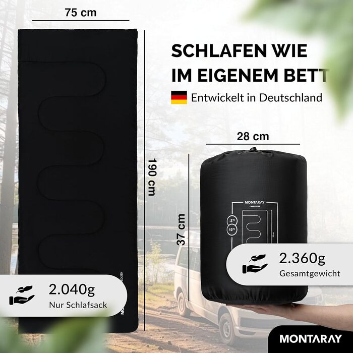 Спальний мішок туристичний, 100% бавовна, до -3°C з подушкою. Підходить для жінок та чоловіків. Розмір 75x190 см, 3-4 сезони, теплий, чорний.