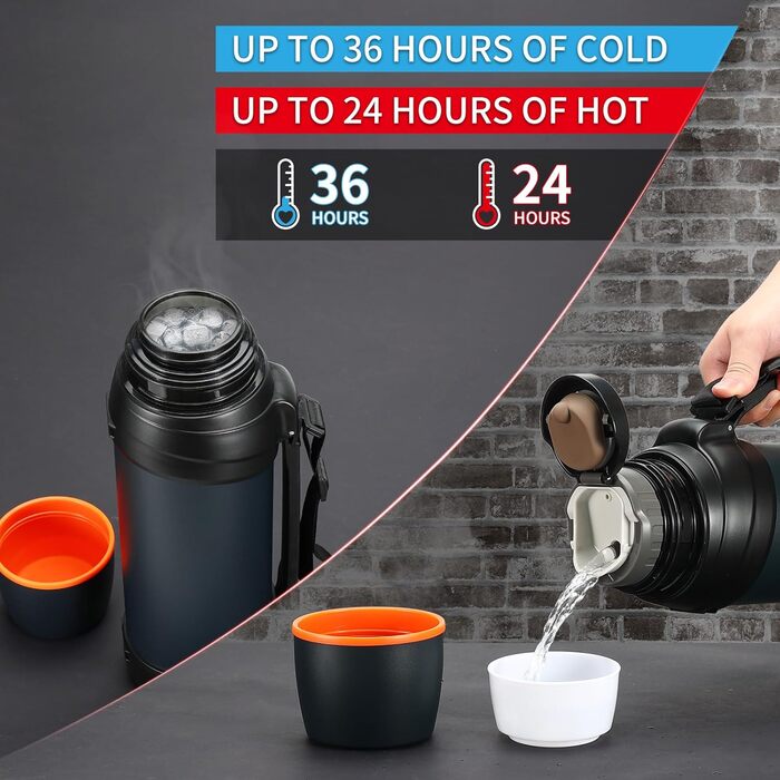 Термос 2.5л Edelstahl Thermoskanne синій - ізотермічна фляга для води, подвійні стінки, 2 чашки, 24 години гаряче/холодне