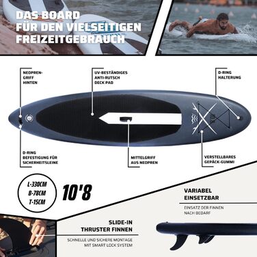 SUPRFIT Надувний SUP Борд для Станд-Ап Падлінгу, Комплект, 330 x 78 x 15 см, до 140 кг, Сірий/Чорний