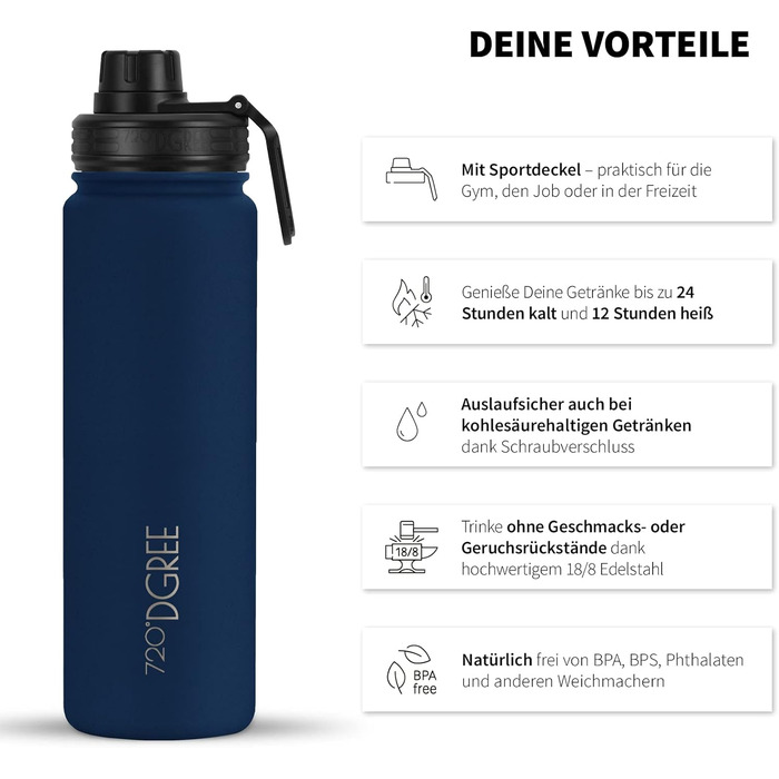 Термос 720°DGREE з нержавіючої сталі 710 мл Sapphire Blue, ізольована пляшка для напоїв з контейнером для фруктів, спортивна кришка, герметична, підходить для газованих напоїв, BPA-free, для спорту, фітнесу, велосипеда