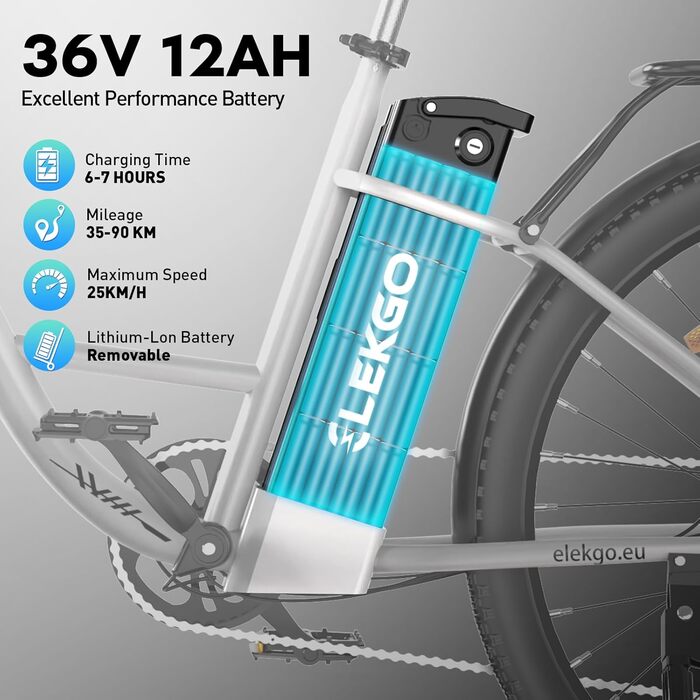 Електровелосипед ELEKGO 28 дюймів, 7 передач, 36В знімний акумулятор, міський e-bike до 25 км/год, LCD-дисплей, амортизаційна вилка